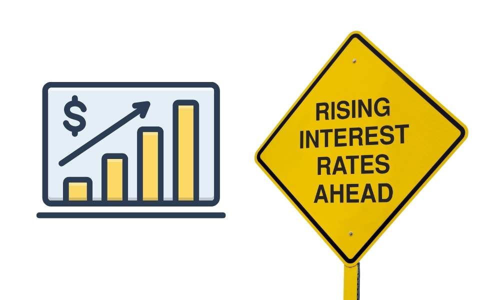 rising interest rates ahead sign and graph
